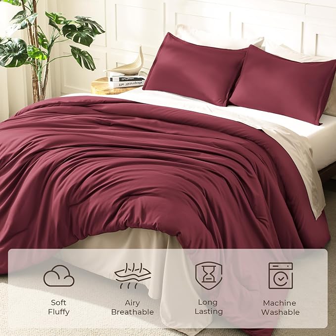 Litanika Burgundy Red Comforter Set Twin/Twin XL Size, 2 Pieces Lightweight Solid Bedding Comforter Set, All Season Fluffy Bed Set (66x90In Comforter & 1 Pillowcase)