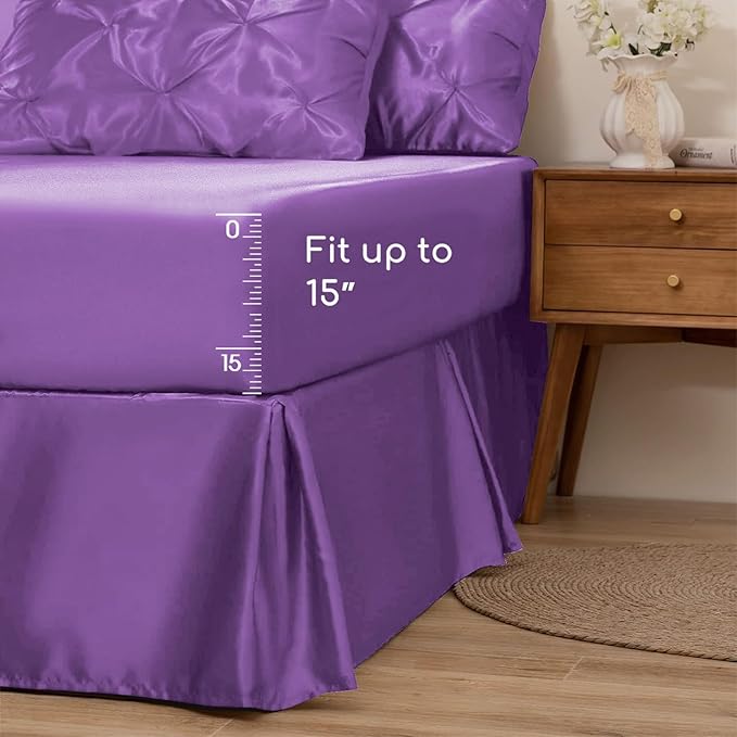 MR&HM Satin Comforter King 7 Pieces - Luxurious Pinch Pleat Bedding Set with Comforter, Flat Sheet, Fitted Sheet, Pillowcases & Shams, Super Silky Soft Bed Set for All Season (King, Lavender)