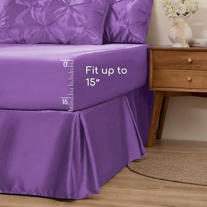 MR&HM Satin Comforter King 7 Pieces - Luxurious Pinch Pleat Bedding Set with Comforter, Flat Sheet, Fitted Sheet, Pillowcases & Shams, Super Silky Soft Bed Set for All Season (King, Lavender)