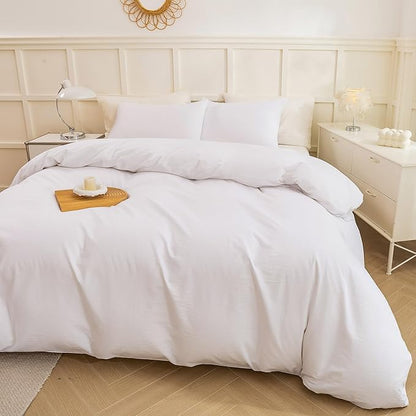ECOCOTT White Duvet Cover King Size - 100% Washed Cotton Durable Soft Comfy Duvet Cover Set, Lightweight and Breathable with Zipper Closure & Corner Ties (White, 104''x90'')