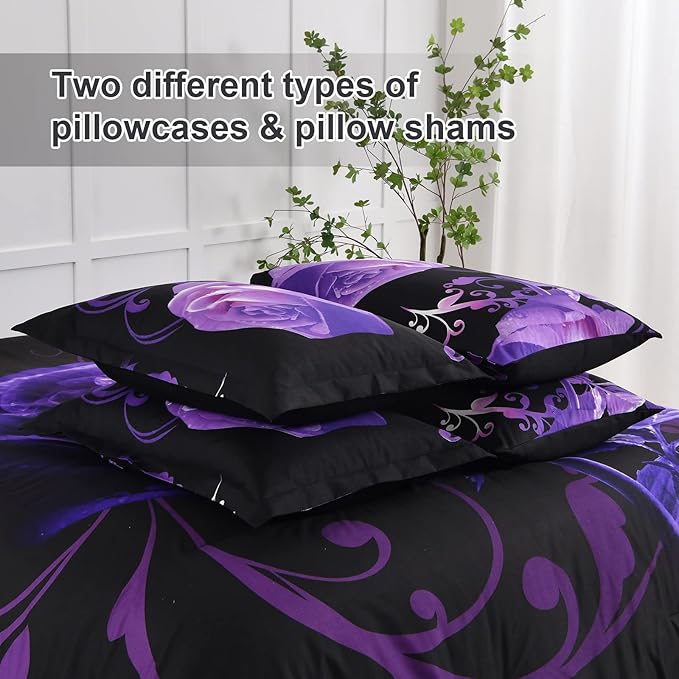 Xruibed Floral Comforter Set Queen 7 Piece Bed in a Bag Purple Rose Flower Comforter with Sheet Set Soft Micorfiber Bedding Set (1 Comforter,2 Pillow Shams,1 Flat Sheet,1 Fitted Sheet,2 Pillowcases)