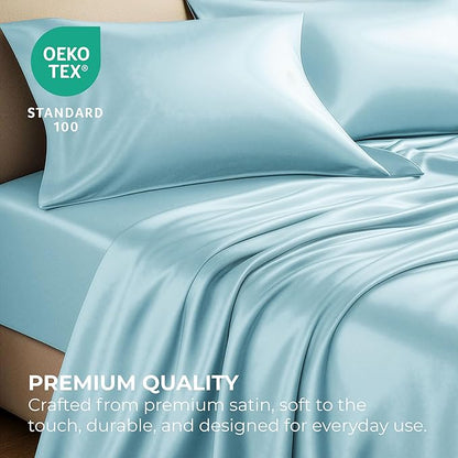 Satin Sheets California King [4-Piece, Skyblue] Luxury Silky Bed Sheets - Extra Soft 1800 Microfiber Sheet Set, Wrinkle, Fade, Stain Resistant - Deep Pocket Fitted Sheet, Flat Sheet, Pillow Cases