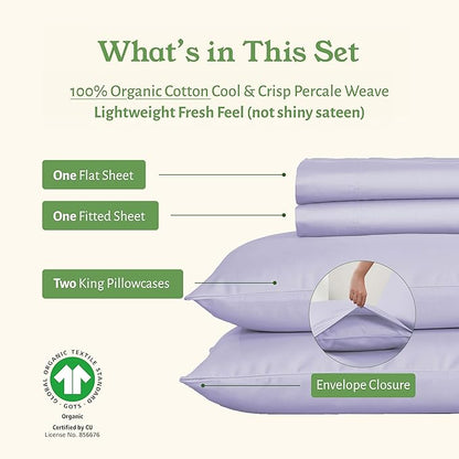 California Design Den Deep Pocket King Sheet Set - Soft 100% Organic Bed Sheets, Crisp Percale, Breathable and Durable Bedding Set - Lavender Mist