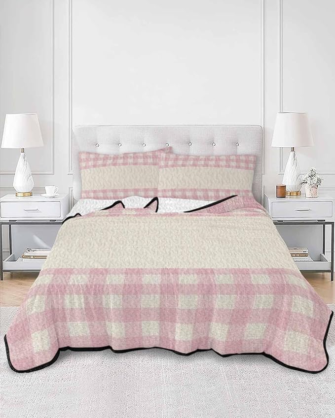 Quilts Twin XL Size, Retro Pink Soft Comforter Bedding Set for Bed, Farmhouse Buffalo Plaid Vintage Beige Lightweight Quilted Bedspread with Pillow Cover(2 Pieces) for All Season, 68x98 Inch