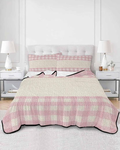 Twin Quilt Bedding Set, Retro Pink Lightweight Summer Quilt 3 Pieces Bedding Sets, Farmhouse Buffalo Plaid Vintage Beige Reversible Soft Bedspreads Coverlets with 2 Pillow Shams for All Season
