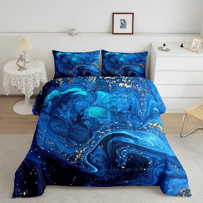 Erosebridal Stone Pattern Comforter Set Twin, Ocean Blue Marble Bedding Set Trippy Fluid Liquid Down Comforter Gypsy Golden Glitter Pattern Quilt Set Blue Tie Dye Kids Comforter Sets Bedroom Decor