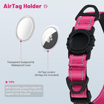 Taglory AirTag Dog Collar with Waterproof Holder for Large Dogs, Hot Pink L | Reflective for Night Walks & Low-Light Safety, Track Your Pup Peace of Mind, Adjustable Soft Padded, No More Dangling Tags