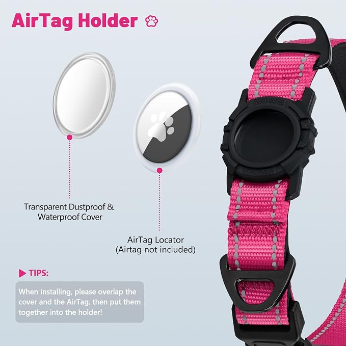 Taglory AirTag Dog Collar with Waterproof Holder for Large Dogs, Hot Pink | Reflective for Night Walks & Low-Light Safety, Track Your Pup Peace of Mind, Adjustable Soft Padded, No More Dangling Tags XL