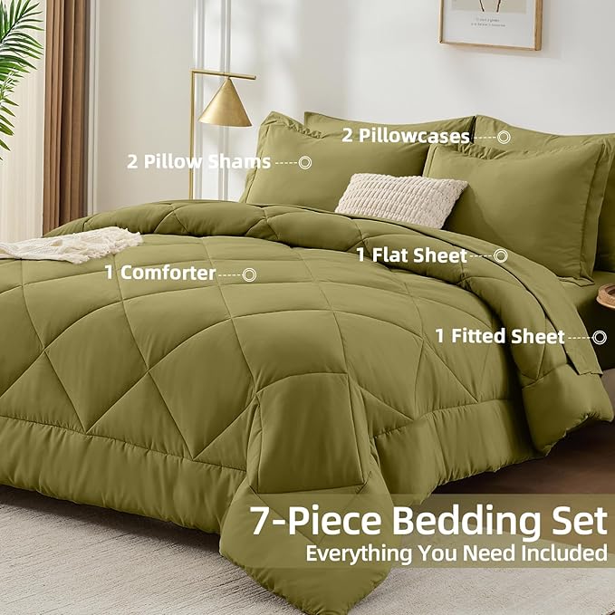 FUANNA 7 Pieces Full Size Comforter Sets, All Season Bedding Sets Full Size, Luxury Soft Bed in a Bag with Comforter, Flat Sheet, Fitted Sheet, Pillowcases & Pillow Shams, Olive Green