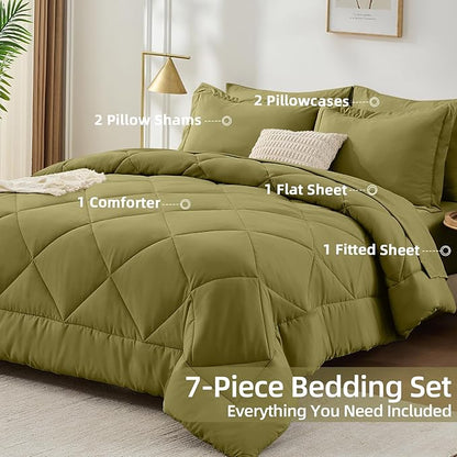 FUANNA 7 Pieces Full Size Comforter Sets, All Season Bedding Sets Full Size, Luxury Soft Bed in a Bag with Comforter, Flat Sheet, Fitted Sheet, Pillowcases & Pillow Shams, Olive Green
