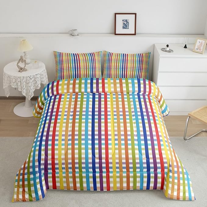 Manfei Colorful Plaid Bedding Set King Size Buffalo Check Plaid Comforter Classic Gingham Pattern Comforter Set Cartoon Stripes Geometric Duvet Set 3Pcs Quilt Set 1 Comforter Set with 2 Pillowcase
