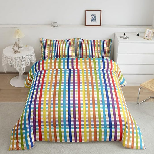 Manfei Colorful Plaid Bedding Set King Size Buffalo Check Plaid Comforter Classic Gingham Pattern Comforter Set Cartoon Stripes Geometric Duvet Set 3Pcs Quilt Set 1 Comforter Set with 2 Pillowcase