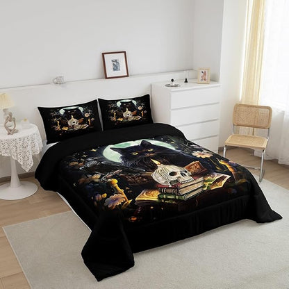 Kids Cat Bedding Set,Sugar Skull Crow and Daisy Flower Garden Comforter Set for Teens Girls Boys Adult Bedroom Decor,Black Pet Cat Plants Quilt Set Moon Night Stars Print Duvet Insert 2Pcs