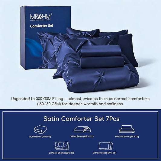 MR&HM Satin Comforter California King 7 Pieces Navy Blue - Luxurious Pinch Pleat Bedding Set with Comforter, Flat Sheet, Fitted Sheet, Pillowcases & Shams, Super Silky Soft Bed Set for All Season