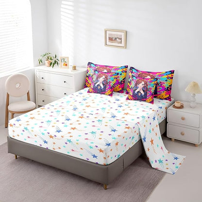 Erosebridal Anime Girl King Bedding Set 7 Piece, Japanese Anime Comforter Set for Kids Girls Teens Adult Bedroom, Cartoon Girl Comforter Sets with Sheet Kawaii Japanese Animation Bed in A Bag