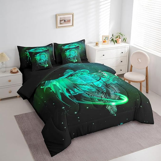 Erosebridal Gothic Dragon Dream Catchers Bed in a Bag Queen Comforter Set 7 Piece,Light Green Galaxy Bohemian Feather Bedding Sets Antique Animal Pterosaur Sheet Set with Comforter