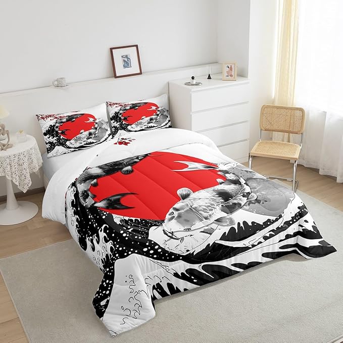 Mount Fuji Quilt Japanese Style Koi Fish Duvet Insert Ukiyo-E Theme Comforter Set Mountain Cherry Blossom Red Sun Ink Painting Down Comforter 3 Pieces with 2 Pillow Cases, King Size Black White