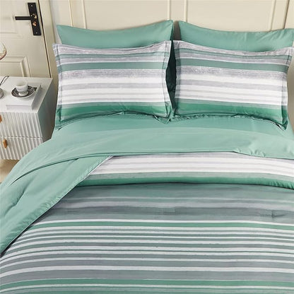 KAKIJUMN 5 Piece Bed in a Bag Stripe Comforter Set Twin Size, White Grey Sage Green Patchwork Striped Comforter and Sheet Set, All Season Soft Microfiber Complete Bedding Set(Green,Twin)