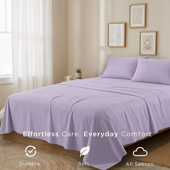 Threadmill Cotton Twin XL Sheet Set | 100% Cotton Sheets for Twin XL Size Bed | Solid Sateen Twin XL Bed Sheets Set with 16” Deep Pocket | Soft Breathable 3-Piece Cooling Sheet Set | Lilac