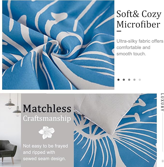 Menghomeus Floral Comforter Set Queen 3 Piece Blue Floral Pattern Printed on Grey Soft Microfiber Bedding Set Lightweight Bed Comforter Set for All Season (1 Comforter, 2 Pillowcases)