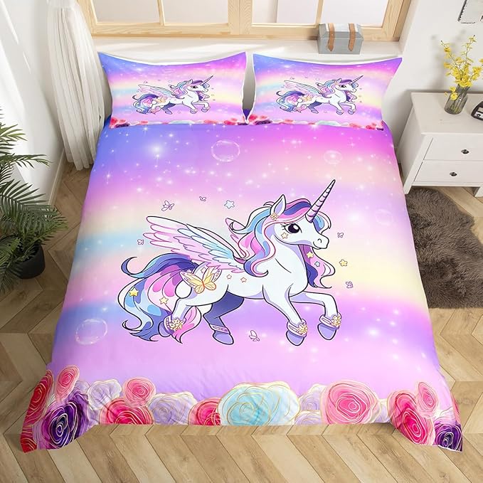 Kids Girls Unicorn Bedding Set Pink Purple Rainbow Duvet Cover Set Cartoon Unicorn Comforter Cover Rose Flowers Bedspread Cover Bedroom Quilt Cover Full with 2 Pillowcase,No Comforter