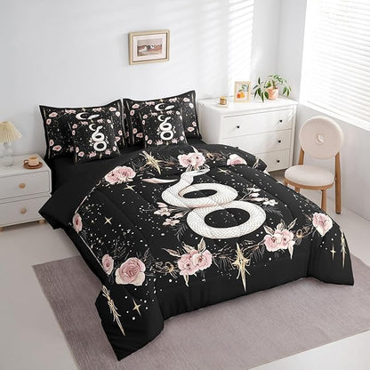 jejeloiu Boho Snake Bedding Set 7Pcs King Size Kids Bohemian Comforter Set with Sheets for Boys Girls Flower Floral Bed in a Bag Soft Lightweight,Microfiber