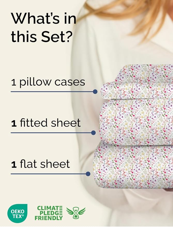 Floral Sheets - Flower Print Bed Sheet Set - 1 Flat, 1 Fitted & 1 Pillowcase w/ Deep Pockets - Comfy, Cozy, Wrinkle & Fade Free - Boho Botanical Bedding - Soft, Breathable & Cooling - Twin Size Set