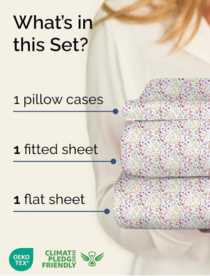 Floral Sheets - Flower Print Bed Sheet Set - 1 Flat, 1 Fitted & 1 Pillowcase w/ Deep Pockets - Comfy, Cozy, Wrinkle & Fade Free - Boho Botanical Bedding - Soft, Breathable & Cooling - Twin Size Set