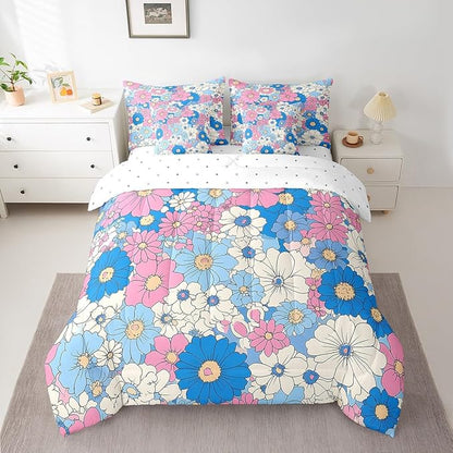 Groovy Flowers Comforter Set Bed in a Bag 7 Pieces King,Red Hippie Flowers 70s 80s Floral Bedding Set,Blue Pink Daisy Botanical (Comforter+Fitted+Flat Sheet+2 Pillowcases+2 Throw Pillow Covers)