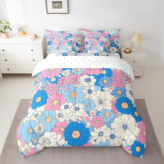 Groovy Flowers Comforter Set Bed in a Bag 7 Pieces King,Red Hippie Flowers 70s 80s Floral Bedding Set,Blue Pink Daisy Botanical (Comforter+Fitted+Flat Sheet+2 Pillowcases+2 Throw Pillow Covers)