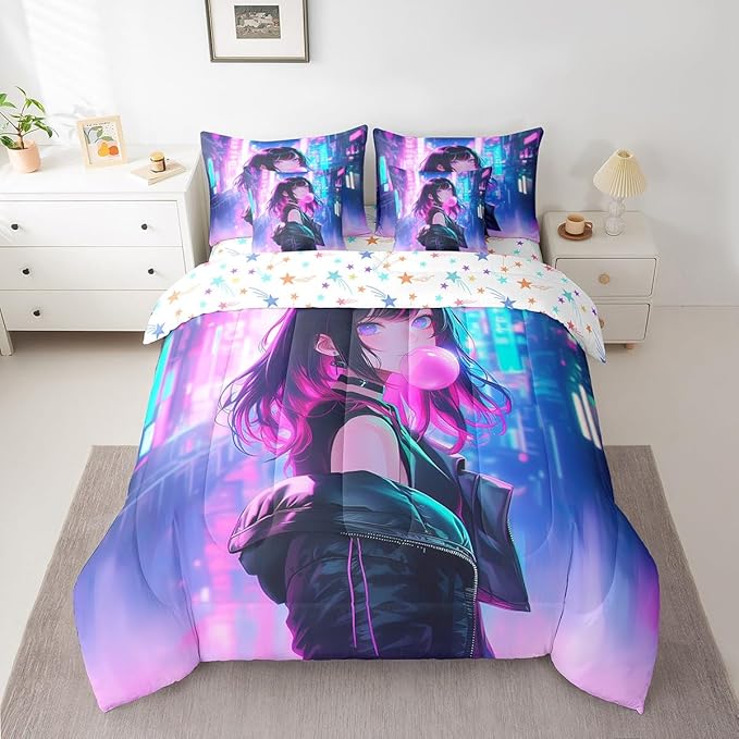 Erosebridal 7 Piece Anime Girl Comforter Set with Sheet King Size, Kawaii Japanese Anime Bedding Set for Kids Boys Teens Adult Women, Cartoon Girl Bed in a Bag Japan Animation Bedroom Decor