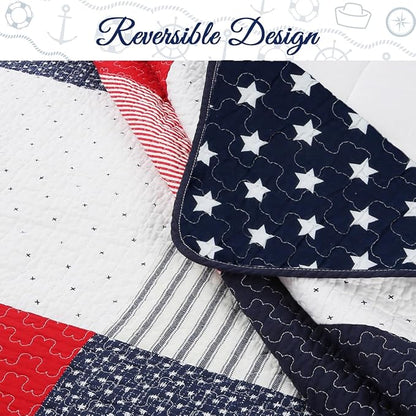 Cozy Line Home Fashions 100% Cotton Sailor Navy Blue Star Striped Print Cotton Reversible Bedding Quilt Set (Patriotic Patchwork, Queen)