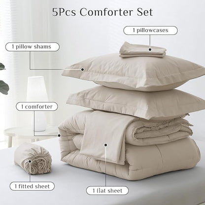 JOLLYVOGUE Twin XL Comforter Set, Ultra-Soft Bed in a Bag Twin XL Size 5 Pieces, Oeko-TEX Certified Bedding Set with Down Alternative Comforter, Sheets, Pillowcases & Shams, Oatmeal