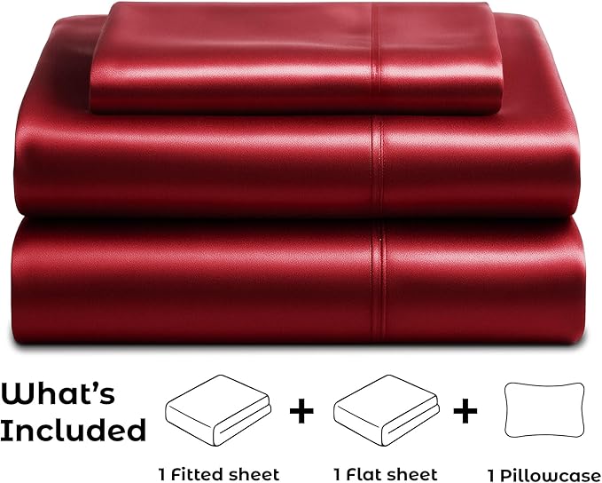 Satin Sheets Twin [3-Piece, Burgundy] Hotel Luxury Silky Bed Sheets - Extra Soft 1800 Microfiber Sheet Set, Wrinkle, Fade, Stain Resistant - Deep Pocket Fitted Sheet, Flat Sheet, Pillow Cases