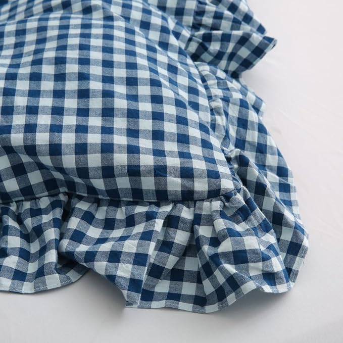 Navy Blue/White Plaid Ruffle 3-Piece Duvet Cover Set Full Size,Washed Cotton Shabby Gingham Checkered Bedding Set Vintage Comforter Set