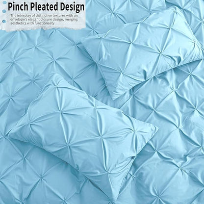 VACVELT 5 Piece Pinch Pleated Duvet Cover Full/Queen Size Set, Light Blue Pintuck Duvet Cover with Zipper & 8 Ties, Shabby Chic Microfiber Duvet Cover + 2 Pillow Shams + 2 Pillowcases, No Comforter