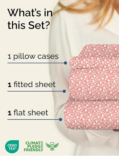 Floral Sheets - Pink & White Bed Sheet Set - 1 Flat, 1 Fitted & 1 Pillowcase w/ Deep Pockets - Comfy, Cozy, Wrinkle & Fade Free - Boho Botanical Bedding - Soft, Breathable & Cooling - Twin XL Size Set