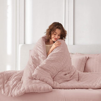 MUXHOMO 5 Pieces Twin XL Comforter Set, Seersucker Bed in a Bag Twin XL Size, All Season Luxury Bedding Set with Comforter, Flat Sheet, Fitted Sheet, Pillowcase & Sham, Rose Gold