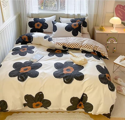 Houseri Black Sunflower Comforter Set King Beige White 3D Floral Bedding King Size Comforters Sets for Women Girls Elegant Beige and Brown Plaid Comforter King Vintage Grand Flowers Bed Quilts King