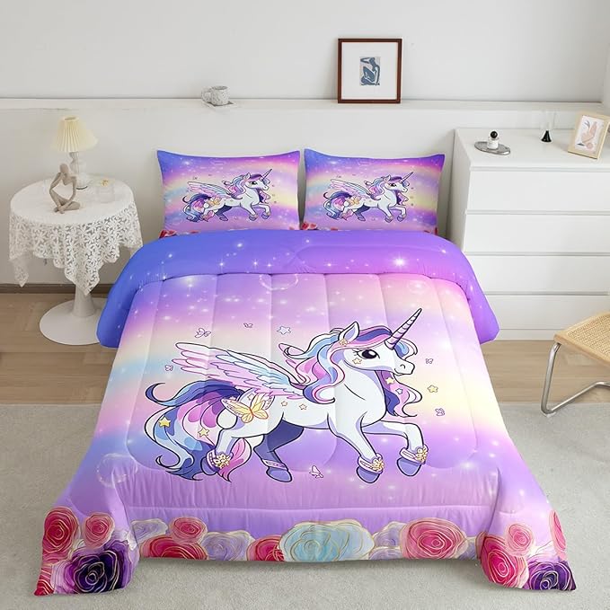 Kids Girls Unicorn Boys Girls Comforter Set Full Size,Pink Purple Rainbow Duvet Sets Teens Bedroom Decor,Cartoon Unicorn Rose Flowers Brushed Microfiber Soft Bedding Comforter
