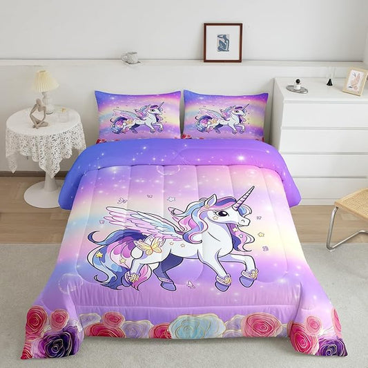 Kids Girls Unicorn Boys Girls Comforter Set Full Size,Pink Purple Rainbow Duvet Sets Teens Bedroom Decor,Cartoon Unicorn Rose Flowers Brushed Microfiber Soft Bedding Comforter