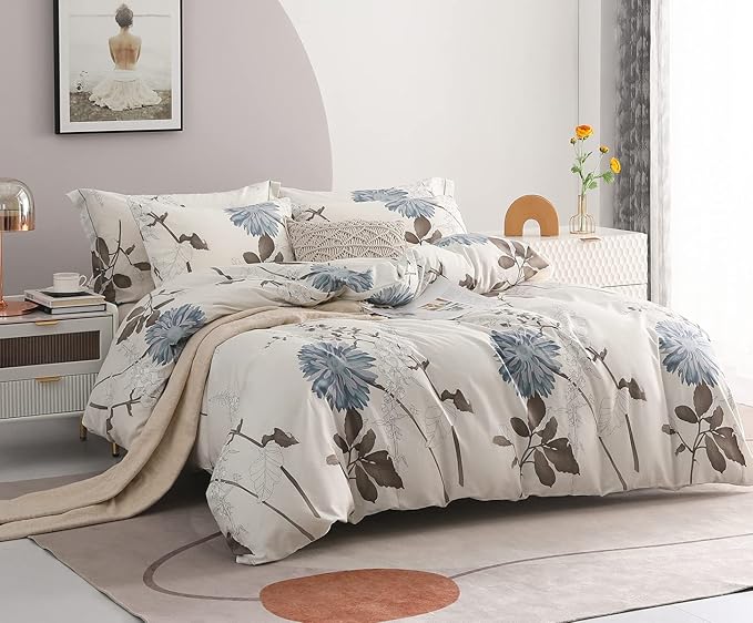 SLEEPBELLA Duvet Cover King, 600 Thread Count Cotton Botanical Flowers Pattern Printed Reversible Comforter Cover