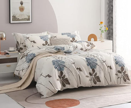SLEEPBELLA Duvet Cover King, 600 Thread Count Cotton Botanical Flowers Pattern Printed Reversible Comforter Cover