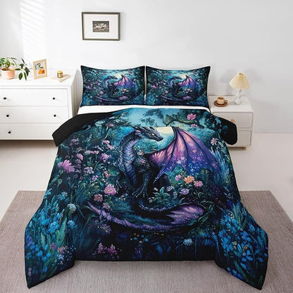 Feelyou Dragon Comforter Set Twin Size Comforter for Boys Girls Teens Wild Life Bedding Set Jungle Dragon Duvet Set Room Decor Balck Blue Quilt Set