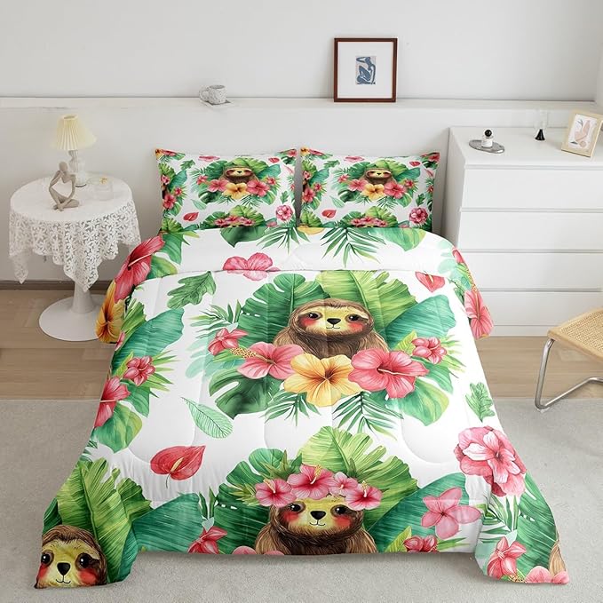 Erosebridal Cartoon Sloth Comforter Set Kawaii Sloth Bedding Palm Leaf Cherry Blossom Monstera Quilt Hawaiian Tropical Leaf Animal Duvet Insert for Kids Boys Girls, 3Pcs Full Size