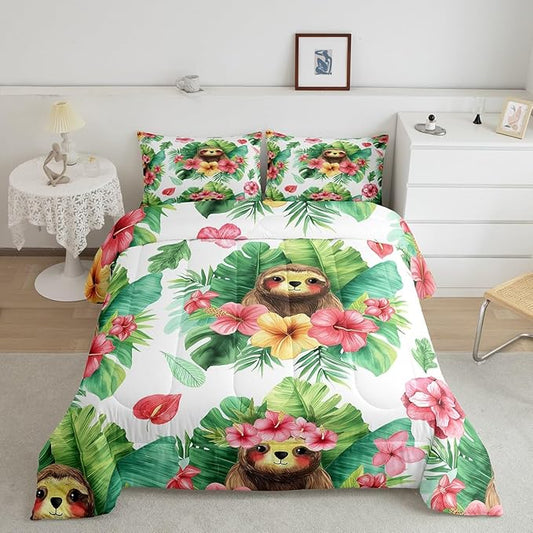 Erosebridal Cartoon Sloth Comforter Set Kawaii Sloth Bedding Palm Leaf Cherry Blossom Monstera Quilt Hawaiian Tropical Leaf Animal Duvet Insert for Kids Boys Girls, 3Pcs Full Size