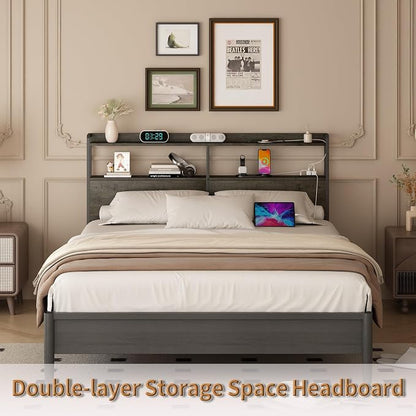 METYERRY Headboard for Queen Size Bed Frame with Storage, Height Adjustable, Headboards with Outlets, USB Ports, Type-C, LED Light, Sturdy and Stable Headboard, Black Oak,Bed Frame NOT Included