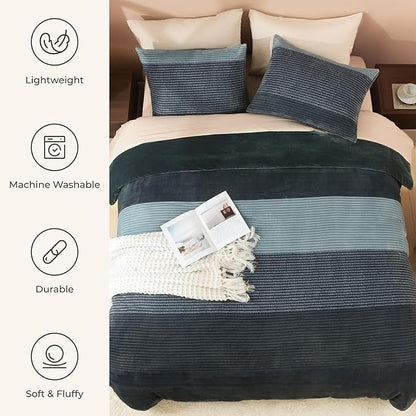 Litanika Fluffy Fleece Twin Comforter Set, Luxury Soft Plush Fuzzy Haze Blue Stripe Bedding Comforter Sets, Warm Shaggy Faux Fur Bed Set All Season (1 Comforter, 1 Pillowcase)