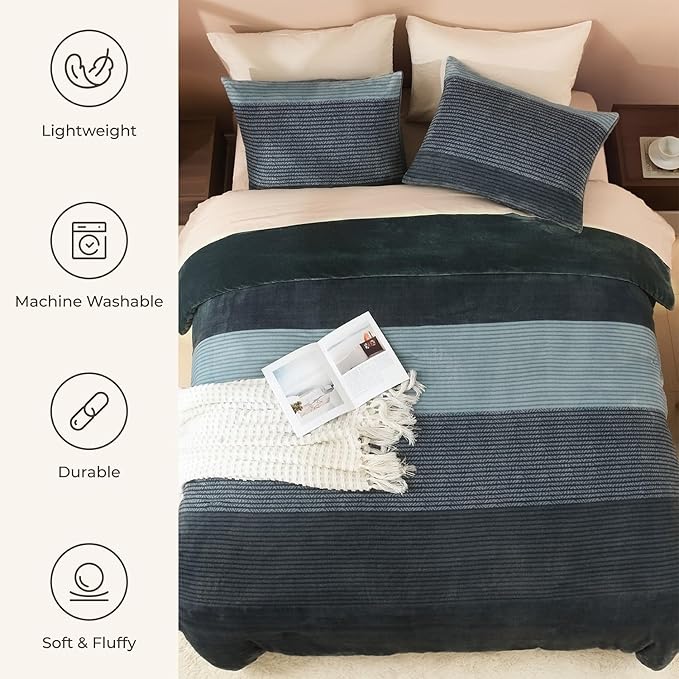 Litanika Fluffy Fleece Queen Comforter Set, Luxury Soft Plush Fuzzy Haze Blue Stripe Bedding Comforter Sets, Warm Shaggy Faux Fur Bed Set All Season (1 Comforter, 2 Pillowcases)