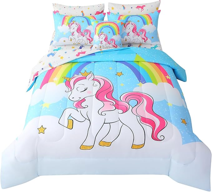 JQinHome Unicorn Queen Bedding Sets for Girls Kids,8 Piece Bed in A Bag 3D Blue Rainbow Clouds Theme Unicorn Comforter Set with Sheet Set(Blue)